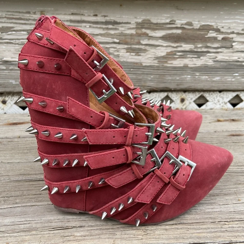 Jeffrey Campbell Zip-2 Stud Brick Red Nubuck Leather Wedge Shoes Women's Size 6 - Picture 2 of 14